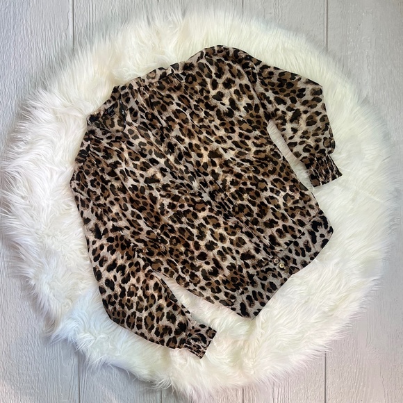 EUC [Guess] Sheer Leopard Top | Smocked Button Down Shirt Cheetah Blouse | Small - Picture 3 of 14